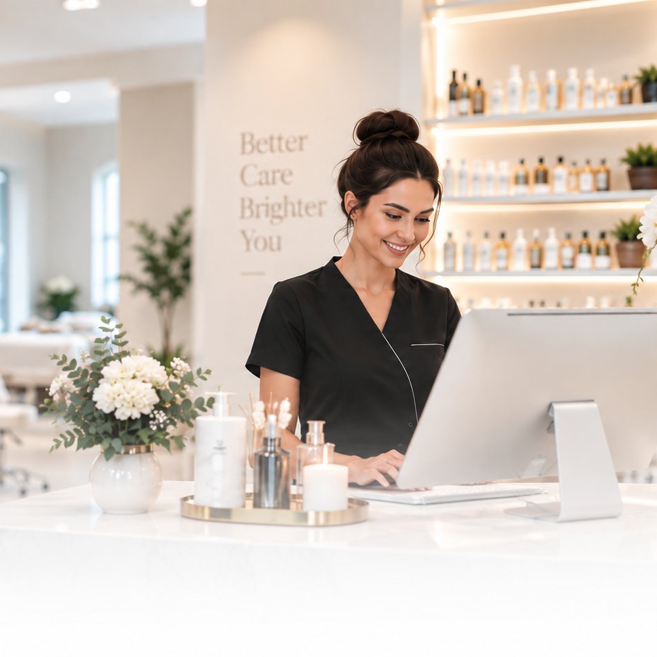 Empfang in einem Beauty-Studio: eine Mitarbeiterin plant Termine am Bildschirm